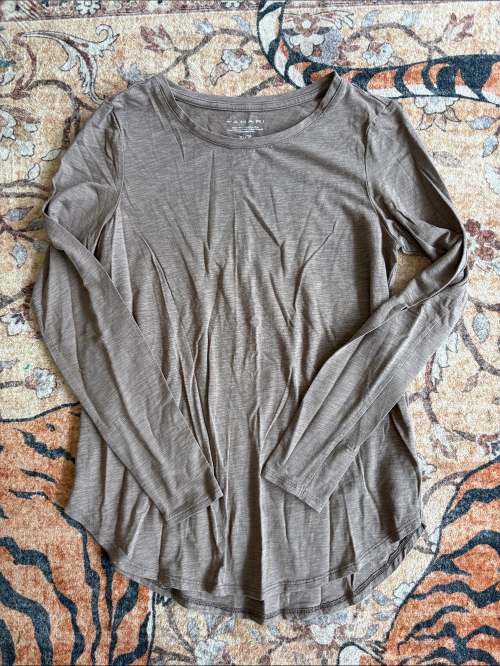 Tahari Long-Sleeve Crewneck Top in Taupe